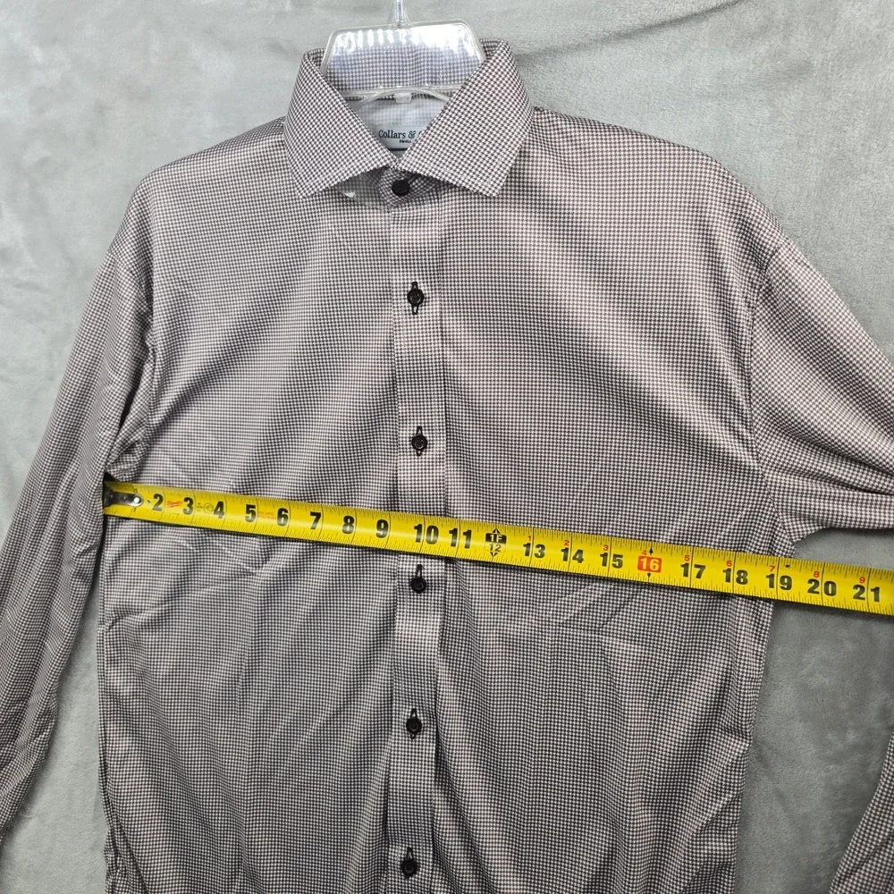 Collars & Co Dress Collar Polo Mens Small‎ Brown Houndstooth Long Sleeve Shirt